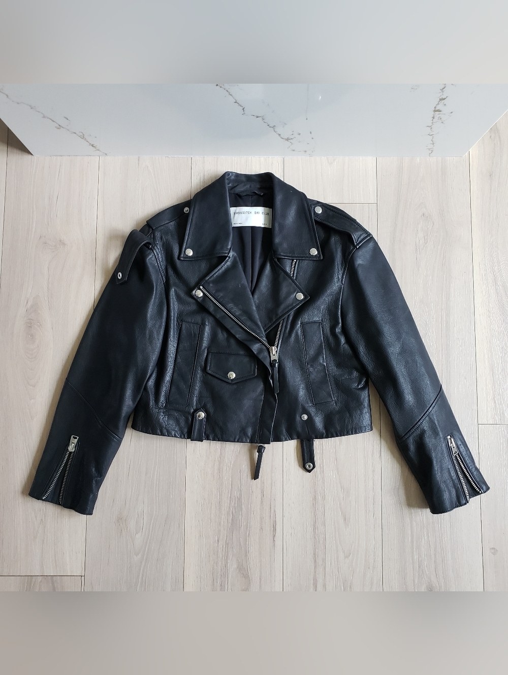 Shoreditch Ski Club Classic Black Cropped Leather Moto Jacket‎